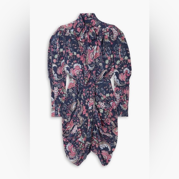 Isabel Marant Batoa Dress Navy Pink Floral Silk Crepe Long Sleeved Neck Tie NWOT - Picture 10 of 16